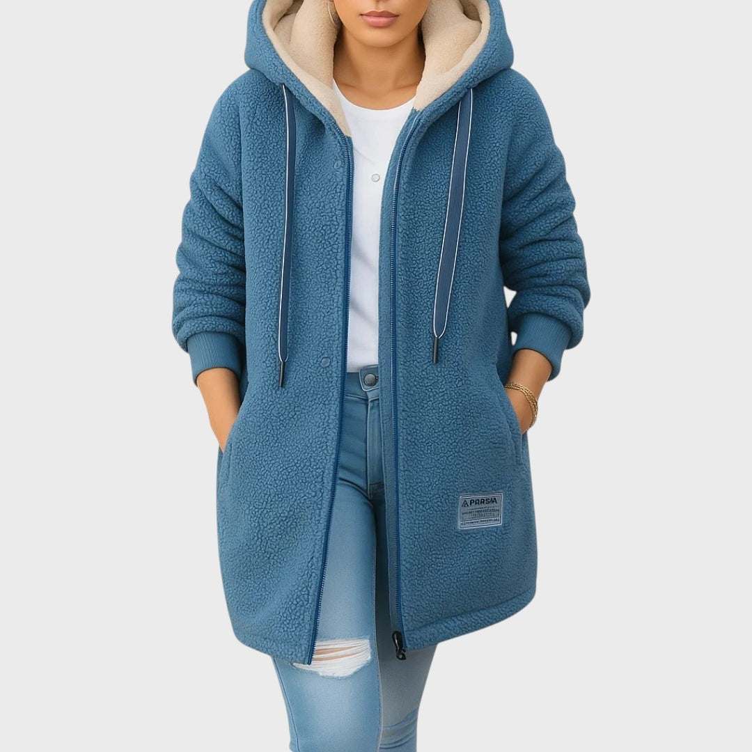 Pitkä fleece-takki hupulla