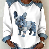 Naisten denim-patchwork-huppari ranskalaisella bulldog-tyylillä