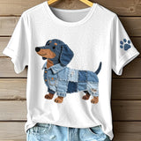 Naisten denim-patchwork-taide t-paita vesikoira-kuvalla