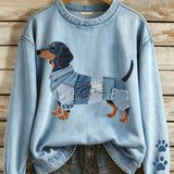 Naisten patchwork-denim-huppari ja mäyräkoiramotiivi